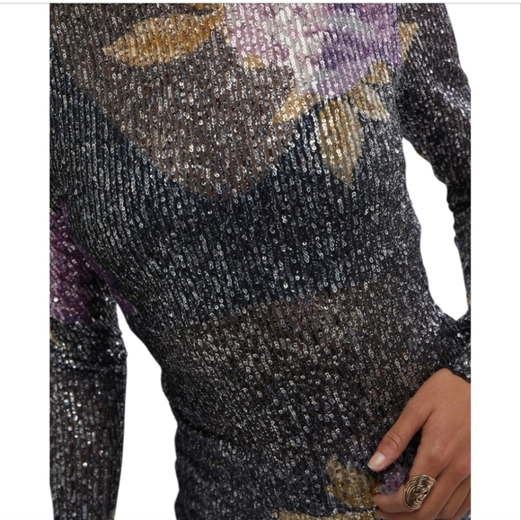 Free People Black and Purple Floral Sequin Long Sleeves Blouse Top - Picture 3 of 10